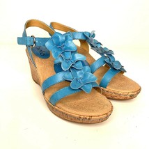 Bolo Born Concept Cork Wedge Sandals Size 7 Aqua Blue Leather Floral Strappy - $38.48