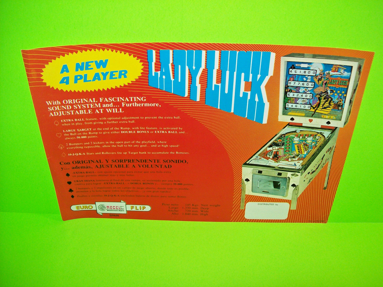 Recel LADY LUCK 1976 Original Flipper Game Pinball Machine Promo Sales ...