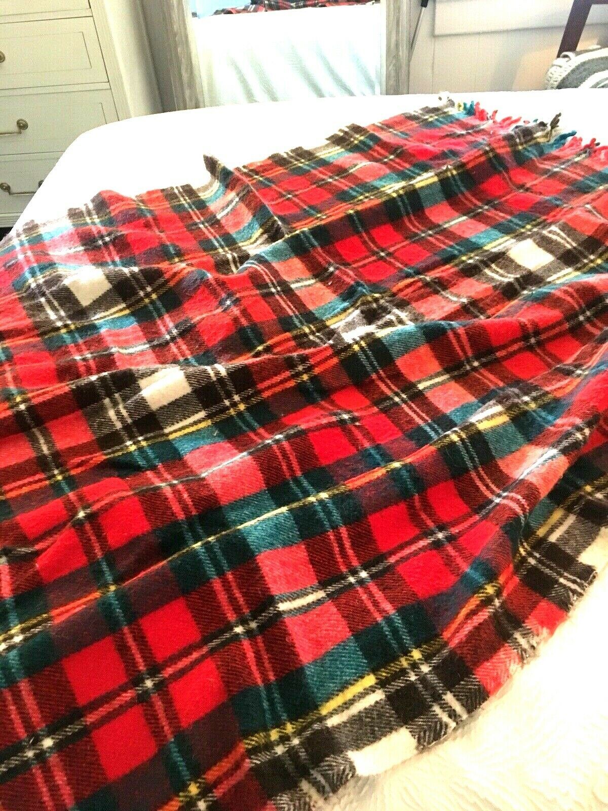 BLANKET Vtg RED BROWN TEAL GREEN Plaid Checkered Wool ...