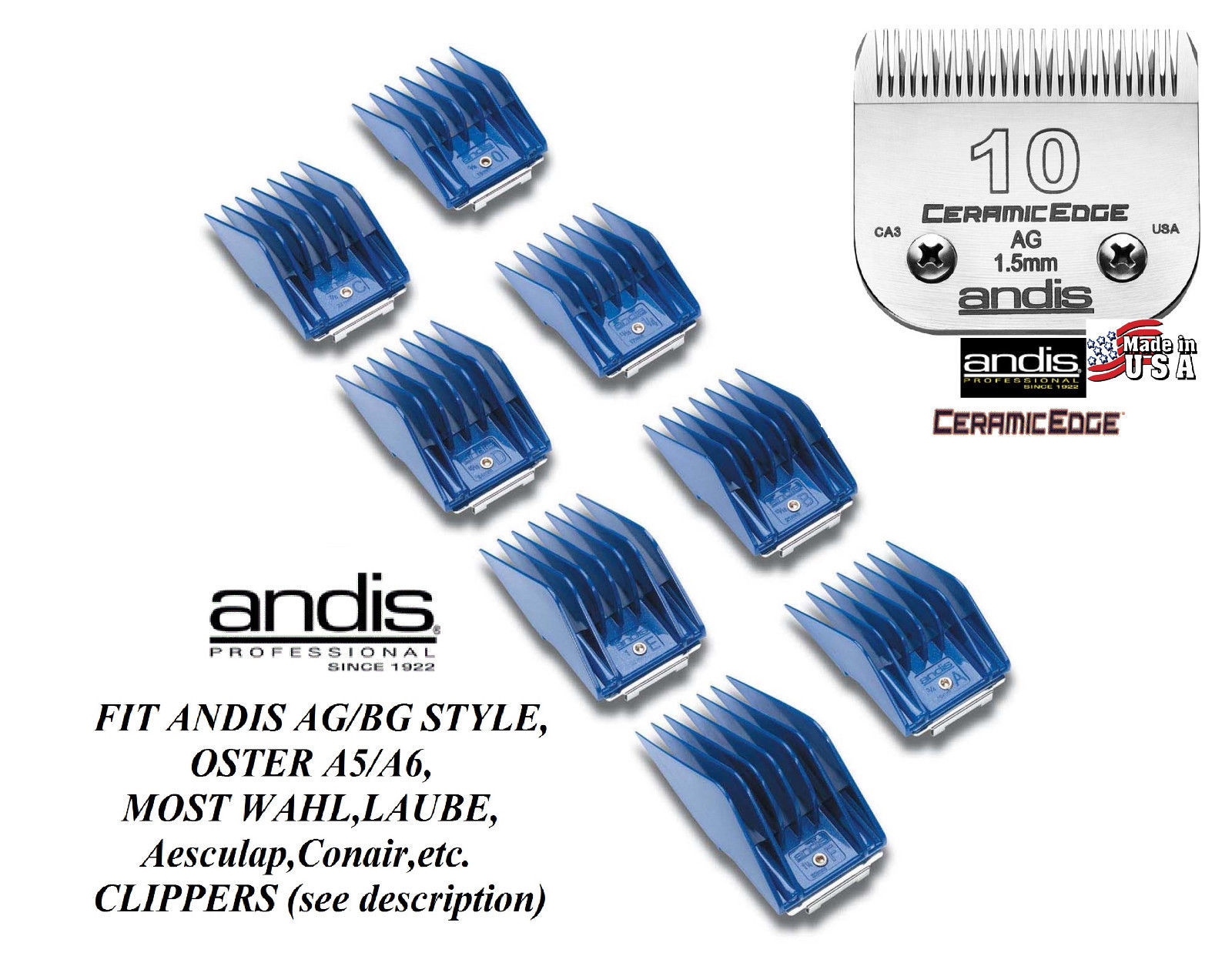 ANDIS 8pc GUIDE ATTACHMENT COMB&CeramicEdge 10 BLADE*Fit Most Oster,Wahl Clipper