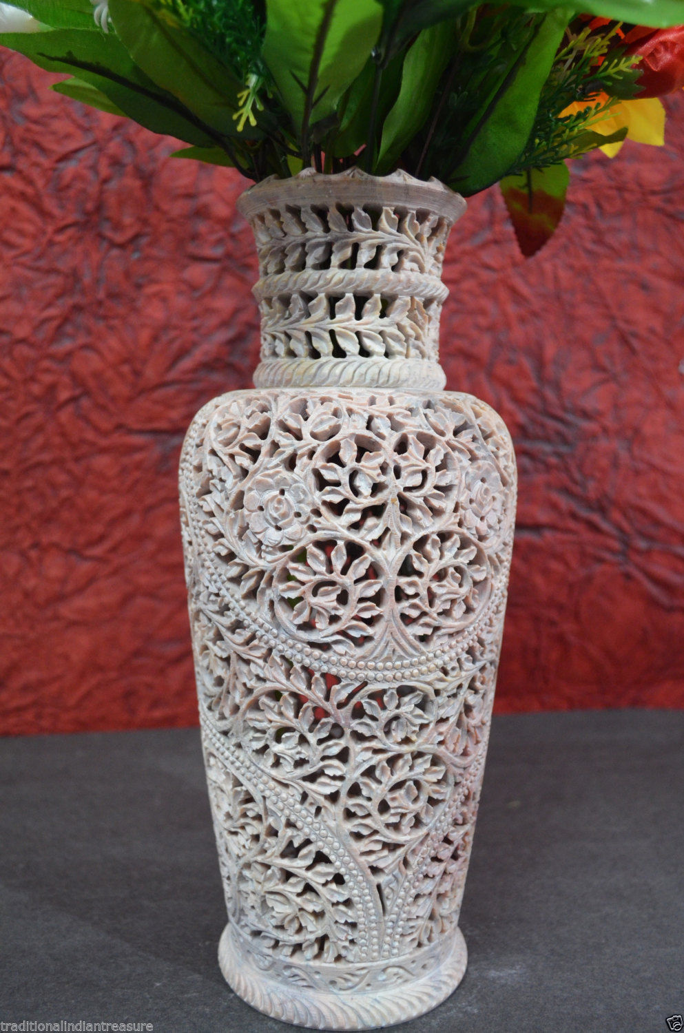 12" Marble Flower Vase Floral Hand Carved Natural Stone Lattice Work