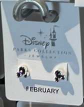 Disney Park Mickey Mouse Faux Amethyst February Birthstone Earrings Silver Color