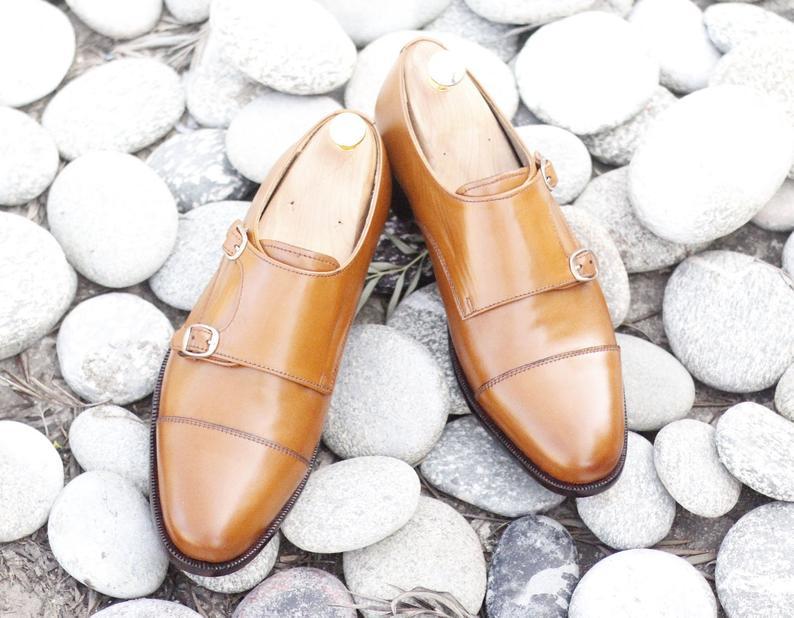 Handmade Men's Leather Tan Color Double Monk Strap Shoes, Men Dress Cap Toe Shoe