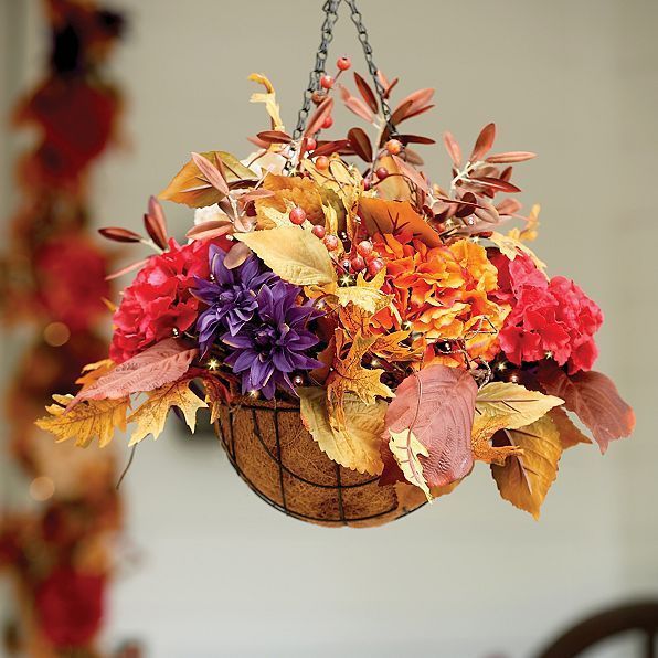 HYDRANGEA HARVEST Outdoor Lighted Autumn Fall Hanging Basket Battery