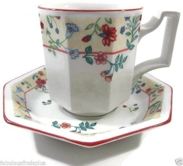 Primary image for Johnson Brothers Heritage Enchantment  4 Cups and 3 Saucer Florals Red Trim LOT