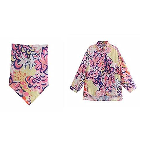 Contrast Color Totem Print Kimono Smock Blouse Office Ladies Breasted Casual Shi