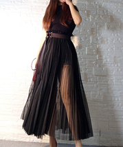Black Long Pleated Skirt Outfit Black High Waisted Slit Pleated Tulle Skirt Plus image 2
