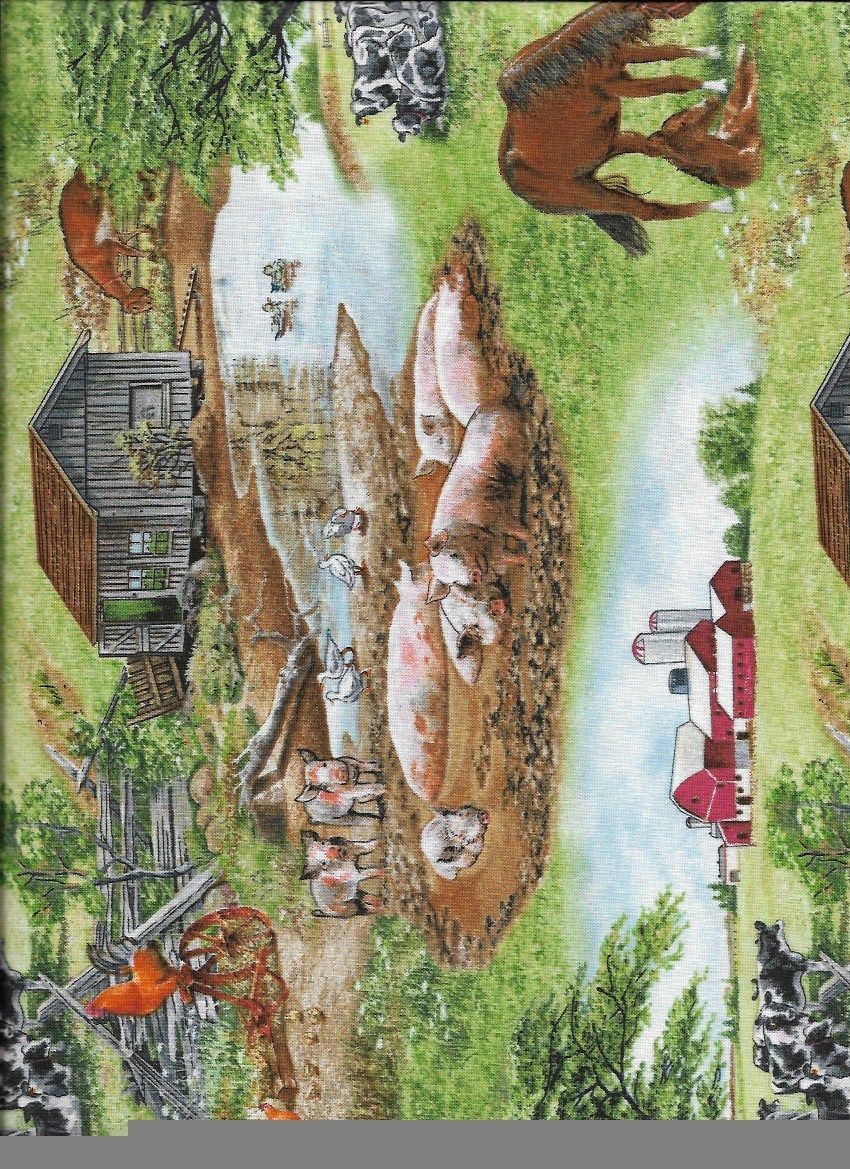 Primary image for New Green Farm Life Allover w/barn & animals 100% Cotton Fabric by the yard