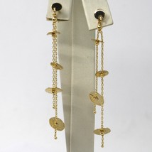 18K YELLOW GOLD PENDANT EARRINGS, DOUBLE WIRES WITH WORKED DISCS 6cm 2.4 INCHES image 2