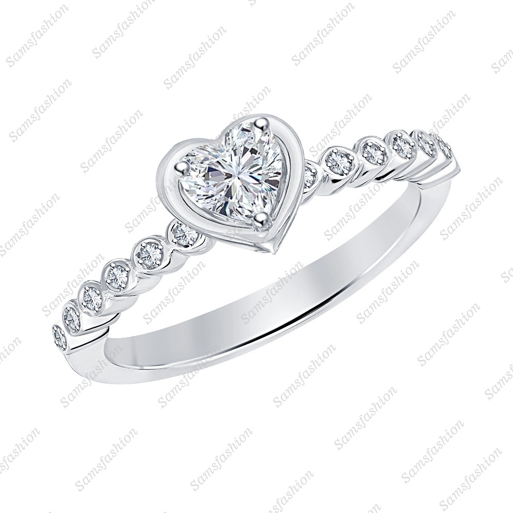Women's Heart Shaped White Diamond 14k White Gold Over 925 Wedding Band Ring