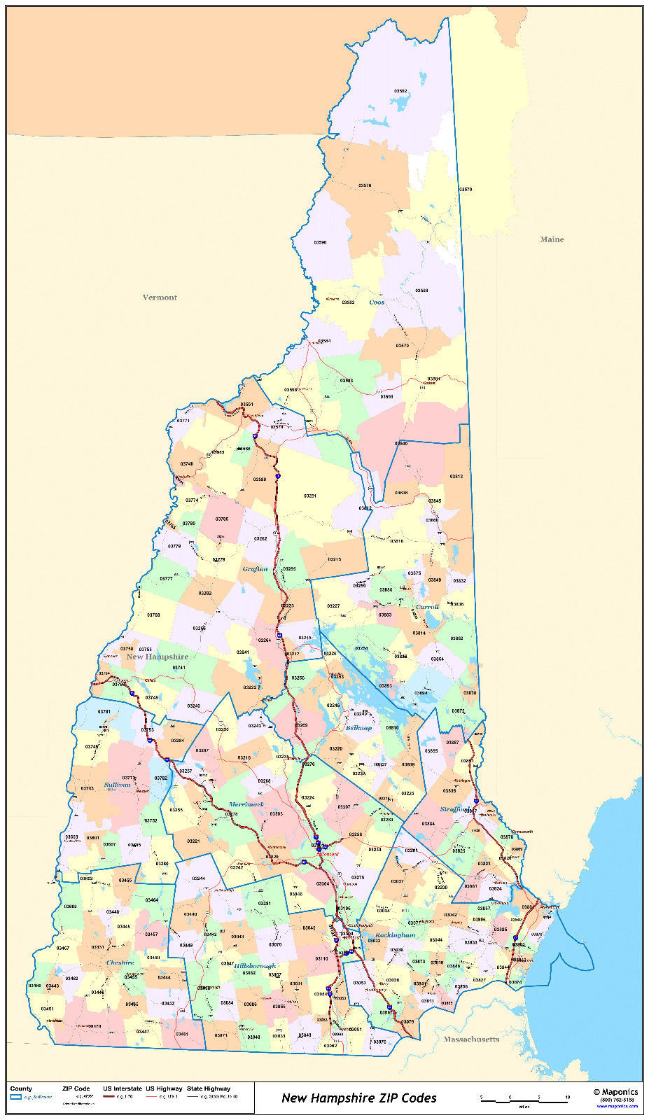 New Hampshire State Zipcode Laminated Wall Map - US