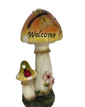 Dual Mushroom Welcome Statue 12" High Ladybug and Dragonfly Accents Resin image 1