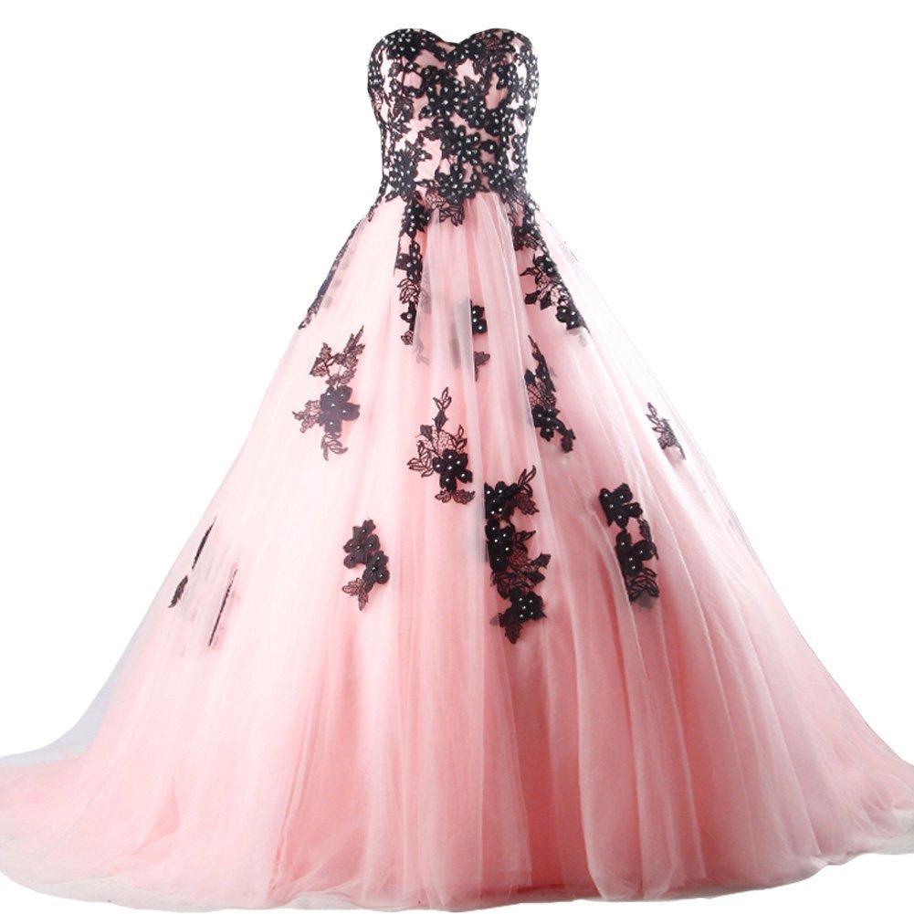 Kivary Beaded Black Lace Long A Line Tulle Gothic Prom Wedding Dresses Pink US 1