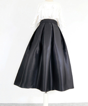 Women Black Pleated Midi Skirt Outfit Black Puffy Pleated Midi Party Skirt Aline image 2