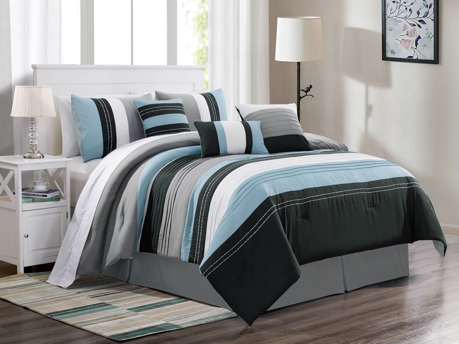 11Pc Jordan Embroidery Stripe Comforter Curtain Set Blue White Black