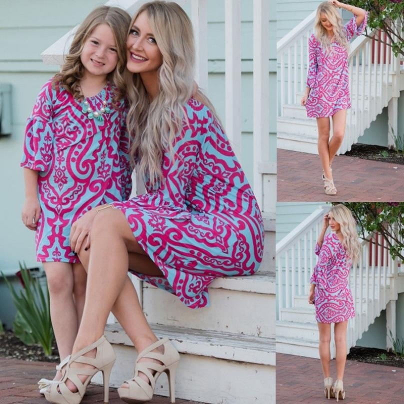 Family Matching Outfits Mother Daughter Dress Girls Kids Mom Fashion Floral Ski