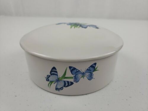 Primary image for Vintage Porcelain Blue Butterfly Butterflies Large Round Trinket Jewelry Box FTD