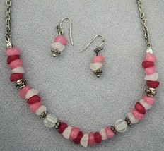 Pink White Quartz Stones Mixed Media Bead Chain Necklace Hook Earrings Avon SP - $11.87