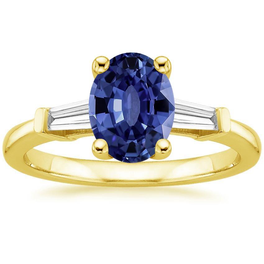 14K Yellow Gold Plated 7/8Ct Oval & Baguette Sapphire & Diamond Engagement Ring Gemstone
