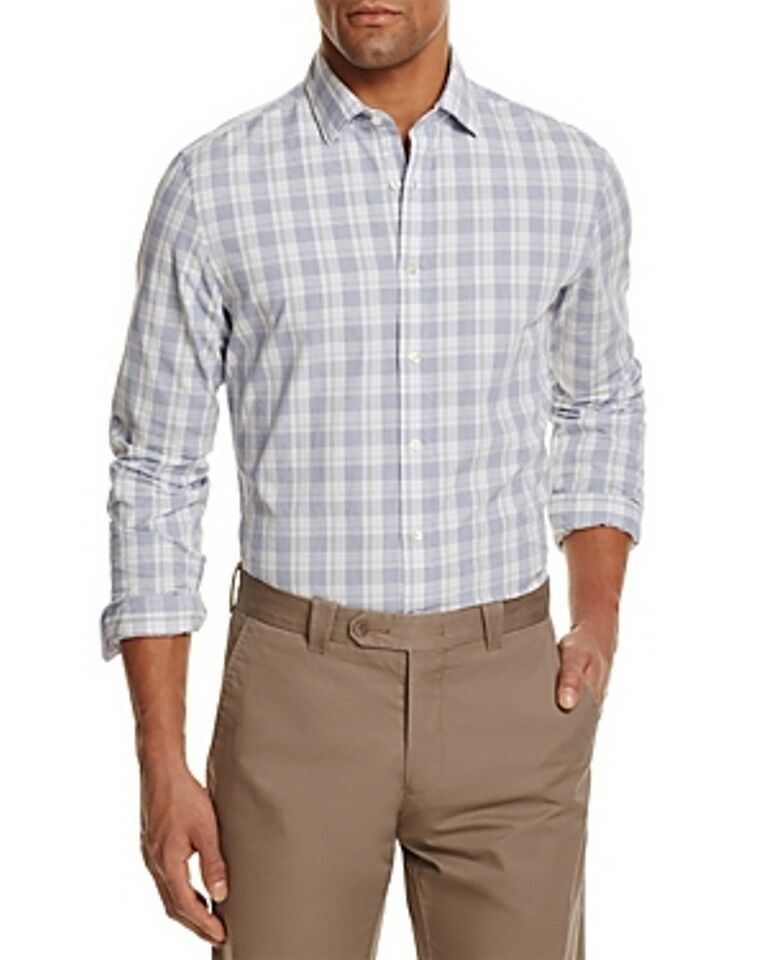 NWT Dress Shirt Long Sleeve Blue White Gray Plaid Bloomingdales Mens LARGE Dress Shirts