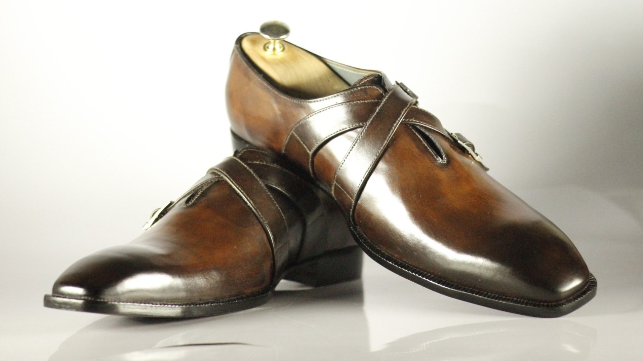 Handmade Men's Brown Leather Double Monk Strap Shoes, Men Dress Formal Shoes