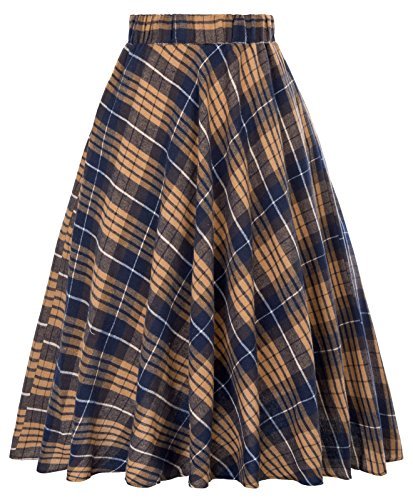 Coffee Plaid A-line Skirt for Women Knee Length Size S KK495-4 - Skirts