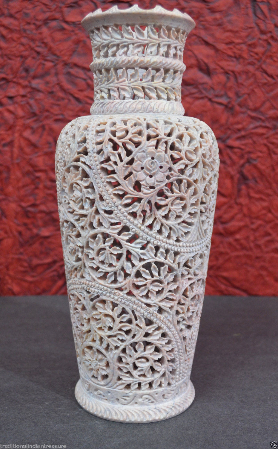 12" Marble Flower Vase Floral Hand Carved Natural Stone Lattice Work