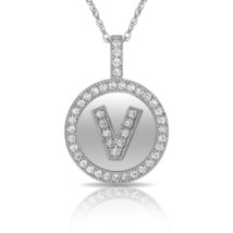 14K Solid White Gold Round Circle Initial "V" Letter Charm Pendant & Necklace - $44.54+