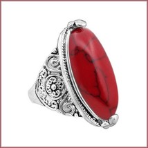Marbled Red Oval Howlite Natural Stone In Silver Plated Antiqued Flower Band