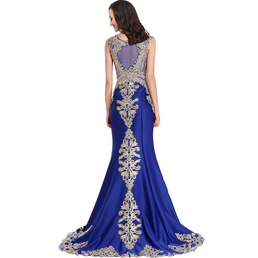 Gold Lace Embroidery Beaded Mermaid Long Sheer Formal Prom Evening Dresses Royal