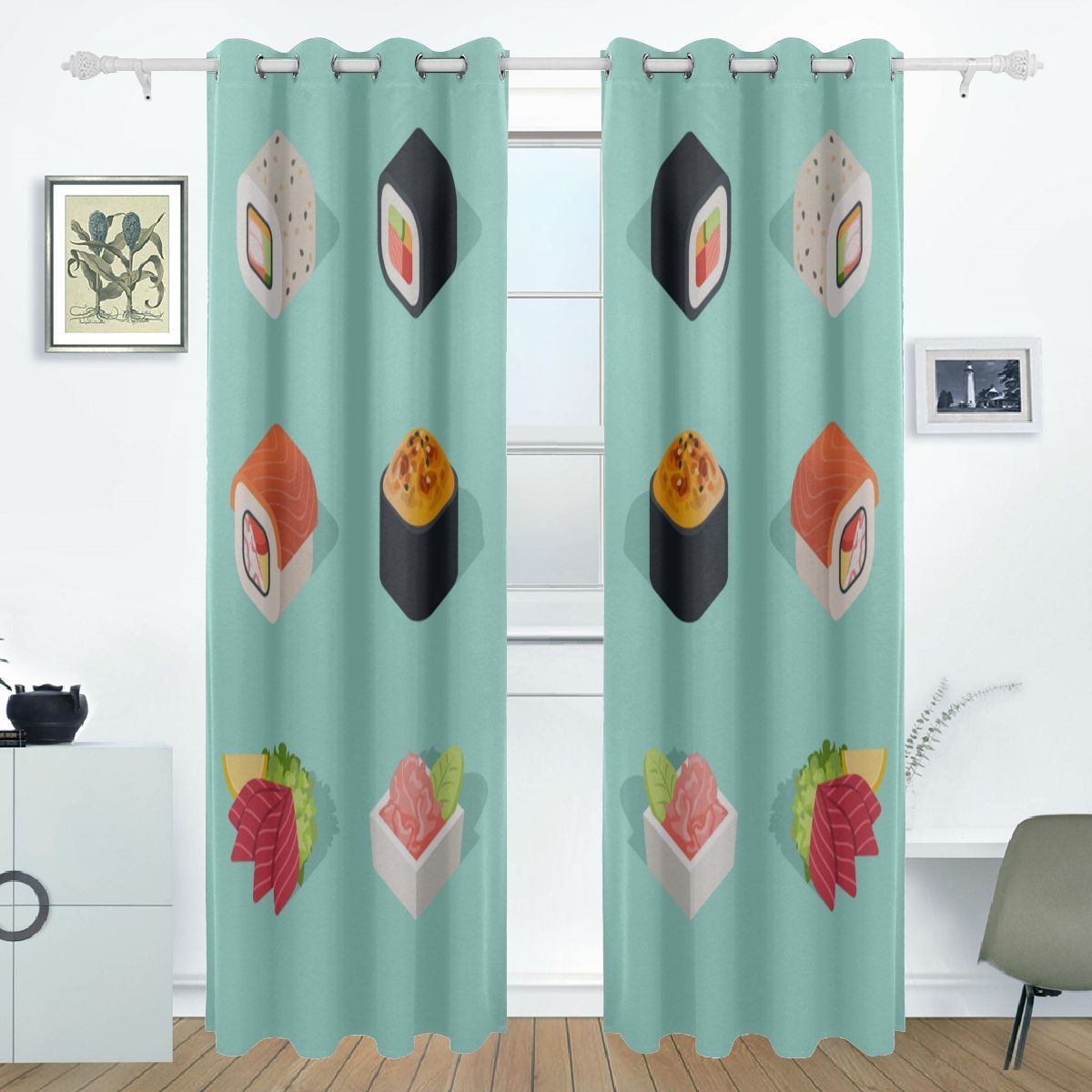 Window Curtain Clear Kawaii Japanese Sushi Food Print Outdoor Curtains ...