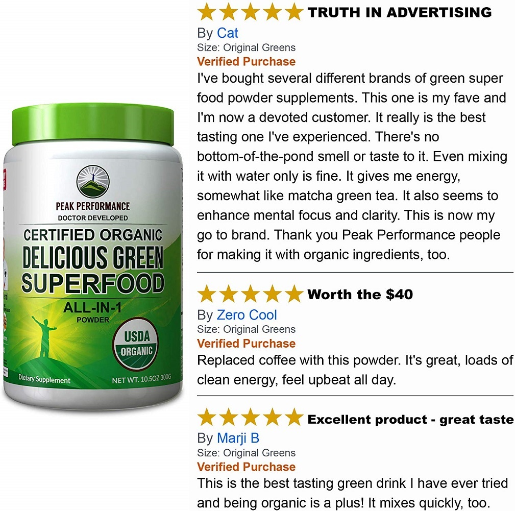 Peak Performance Organic Greens Superfood Powder. Best Tasting Organic