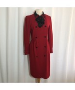 Gio&#39;Anna Lightweight Red Wool Coat Dress Italy 42 Black Satin Collar Bow... - $33.25