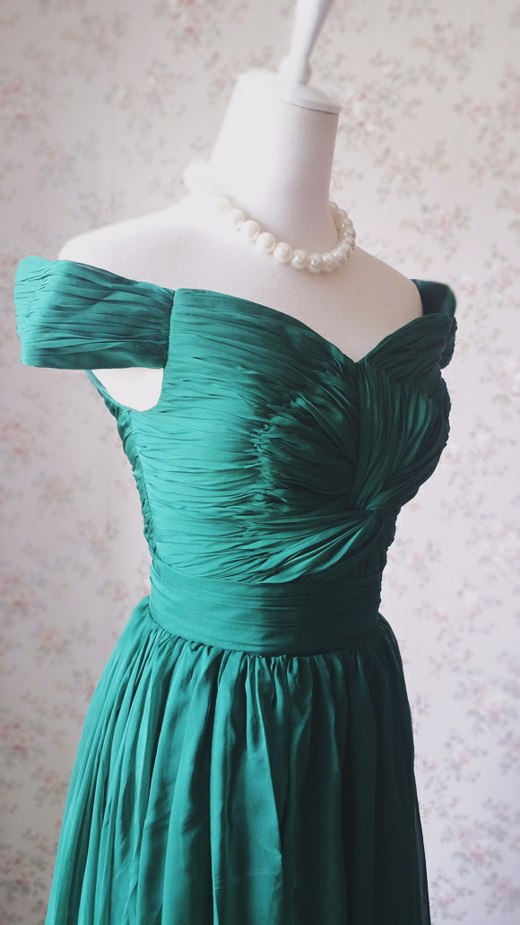 Emerald green Retro Off Shoulder Long Prom Dress Womens Green Maxi Evening Dress