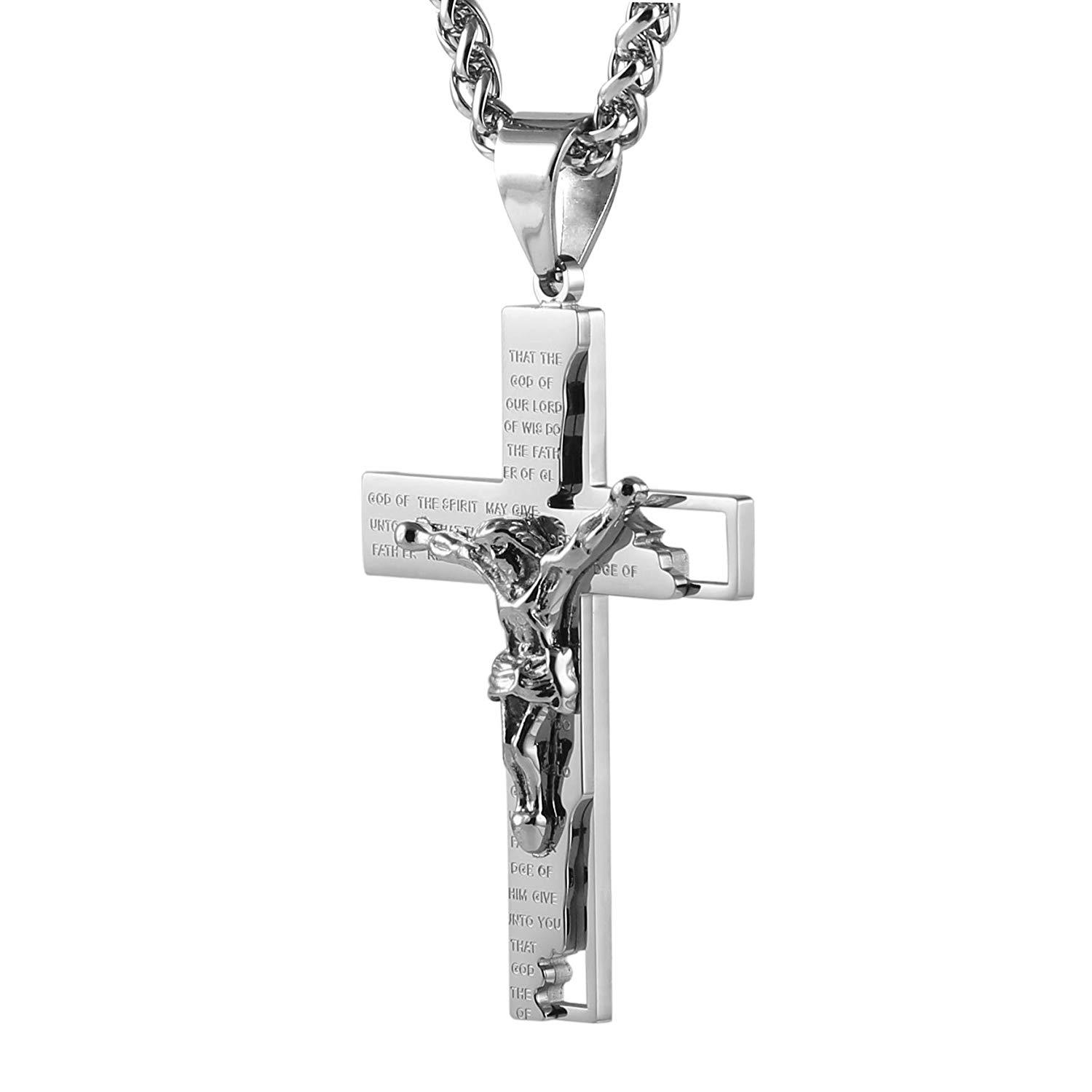 HZMAN Men's Stainless Steel Cross Crucifix Bible Prayer Pendant ...