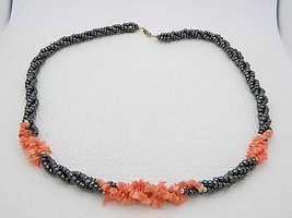 VTG Multi Strand Genuine Hematite Bead & Pink Coral Stone Twist Necklace Choker - $74.25