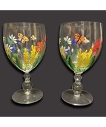 2-Hand Painted Wine Juice Water Cocktail Clear Glass Colorful Flowers Bu... - $24.75