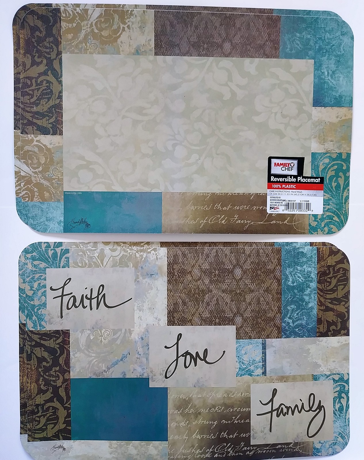 PLASTIC PLACEMATS Set of 4 Faith Love Family Beige Blue Reversible