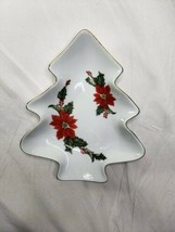 Vintage Lefton Christmas Tree Dish 9"  Poinsettias #06434 1987 - $24.75