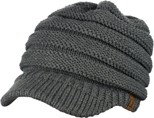 C.C Brand Brim Visor Trim Ponytail Beanie Ski Hat Knitted Bun Cap - Dark Gray