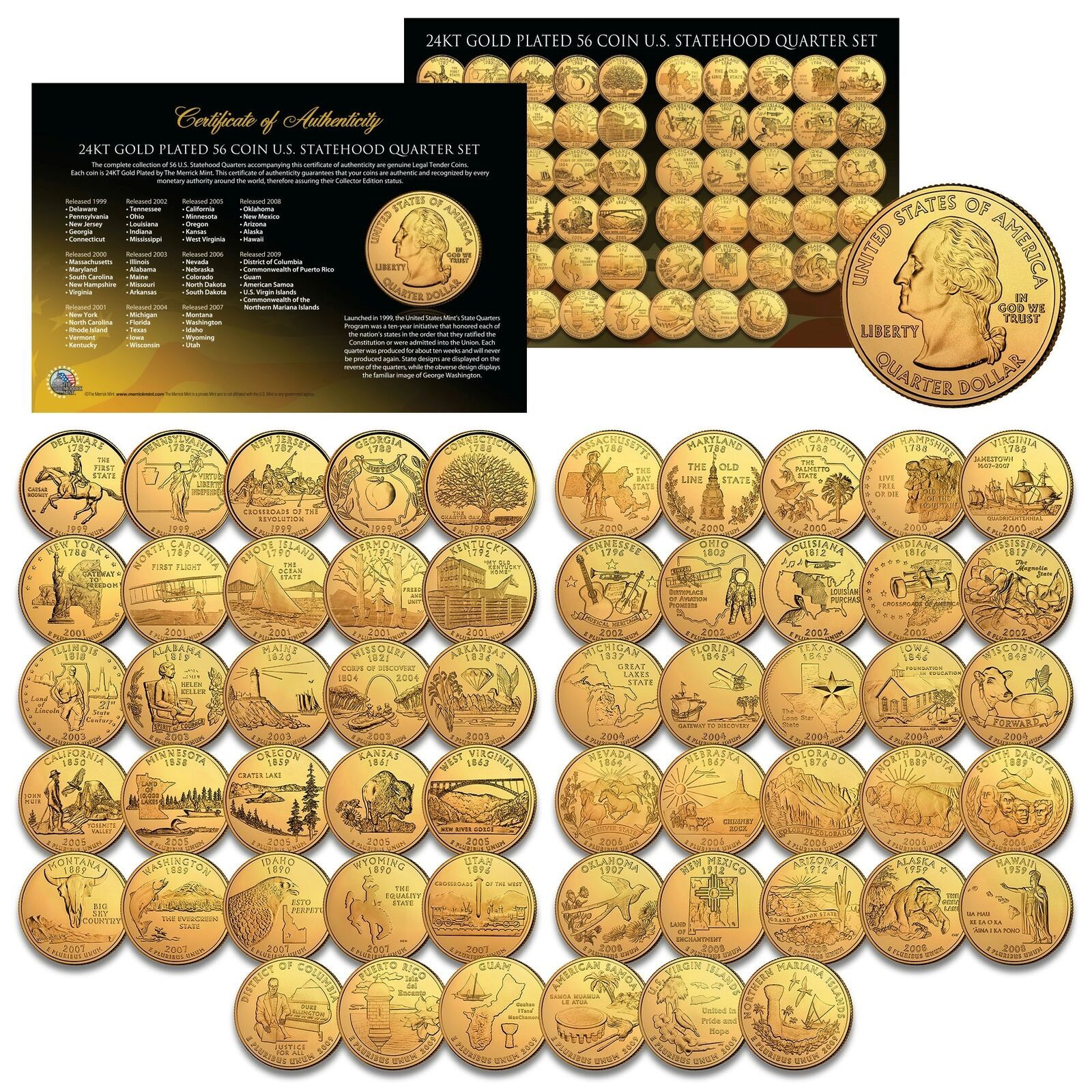 US Statehood Quarters GOLD Plated Legal Tender 56 Coin Complete Set us-statehood-quarters-gold-plated-legal-tender-56-coin-complete-set
