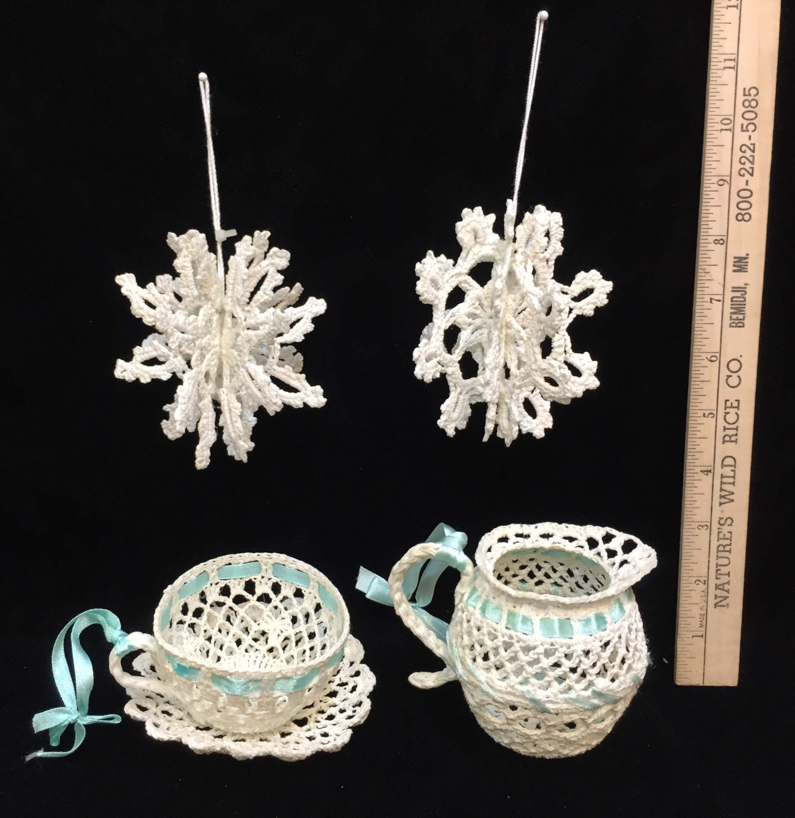 Ornaments Snowflakes Pitcher Teacup Saucer Stiff Crotcheted Lot of 4 - $9.40