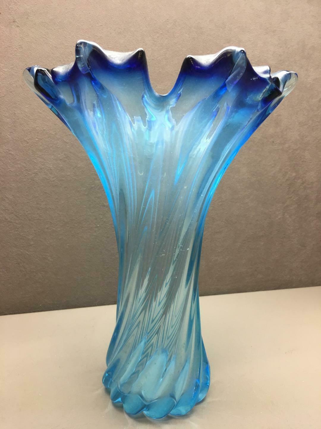 Vintage Blue Swirl Glass Vase 10.5" Tall Mid Century Modern Other Art