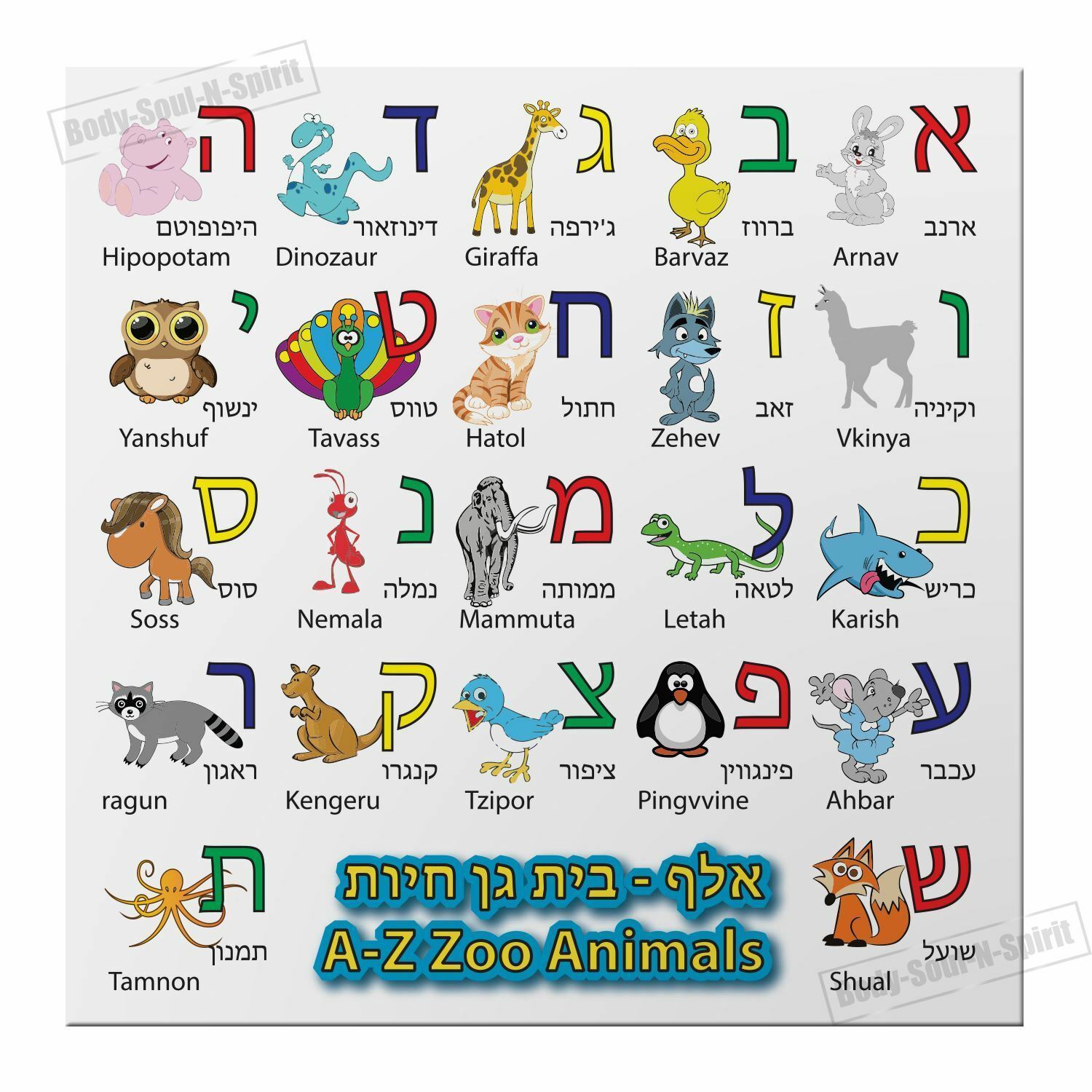 HEBREW Alphabet MAGNET Alef Bet zoo Animals Characters Learn Jewish kids A-Z ABC