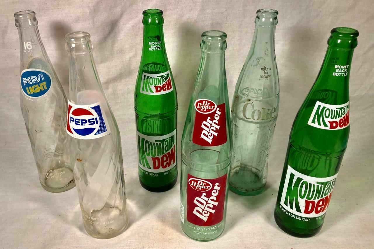 6 VTG 16 OZ RETURN FOR DEPOSIT SODA BOTTLES COKE PEPSI LITE DR PEPPER