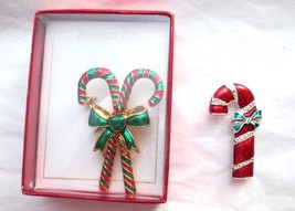 Christmas Candy Cane Enamel Gold Silver Tone Brooch Pin Lot of 2 - 1 NOS - $14.84