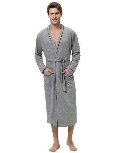 Aibrou Mens Cotton Robe Lightweight Long Lounge Sleepwear Knit Bathrobe ...