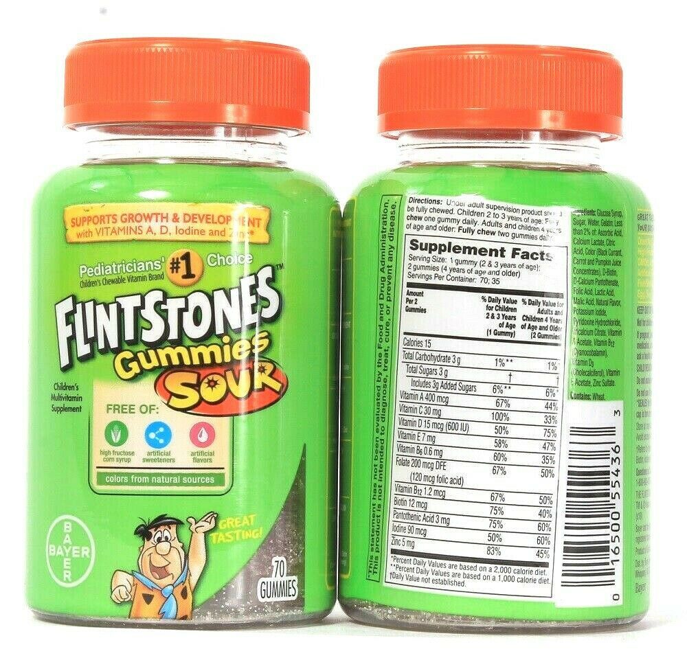 2 Bayer Flintstones Gummies Sour 70 Count Children's Multivitamin Supplement Vitamins & Minerals