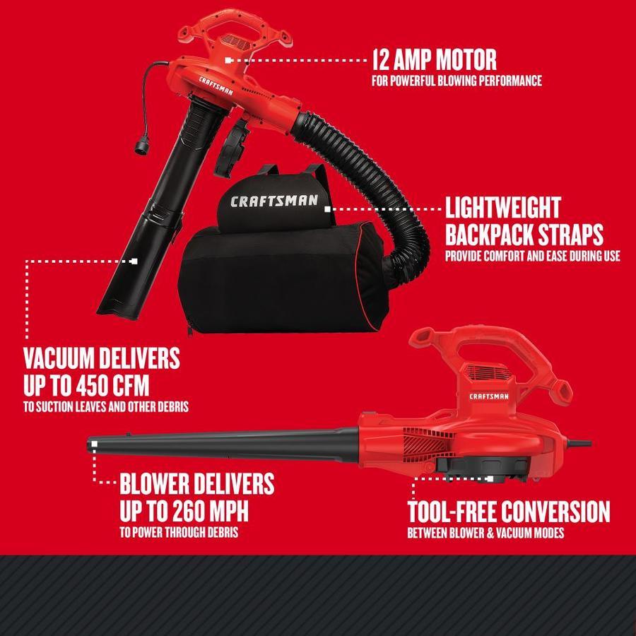 CRAFTSMAN 12-Amp 450-CFM 260-MPH Corded Electric Leaf Blower (Vacuum ...