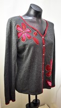 Sigrid Olsen Sport Grey Burgundy Embroidered Beaded Cardigan Sweater Wom... - $28.45